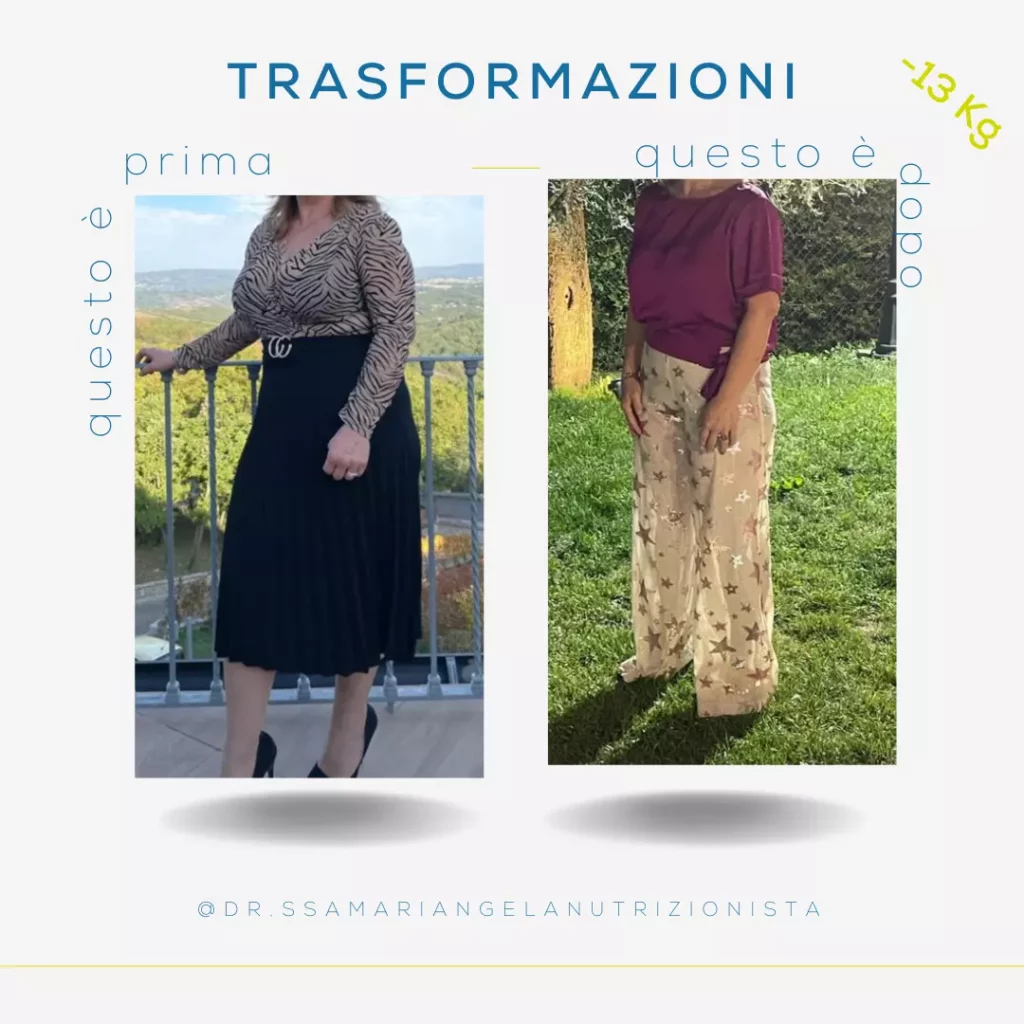 Trasformazione di una paziente che ha perso 13 kg grazie a un percorso nutrizionale personalizzato: il "prima e dopo" racconta una storia di impegno e successo.