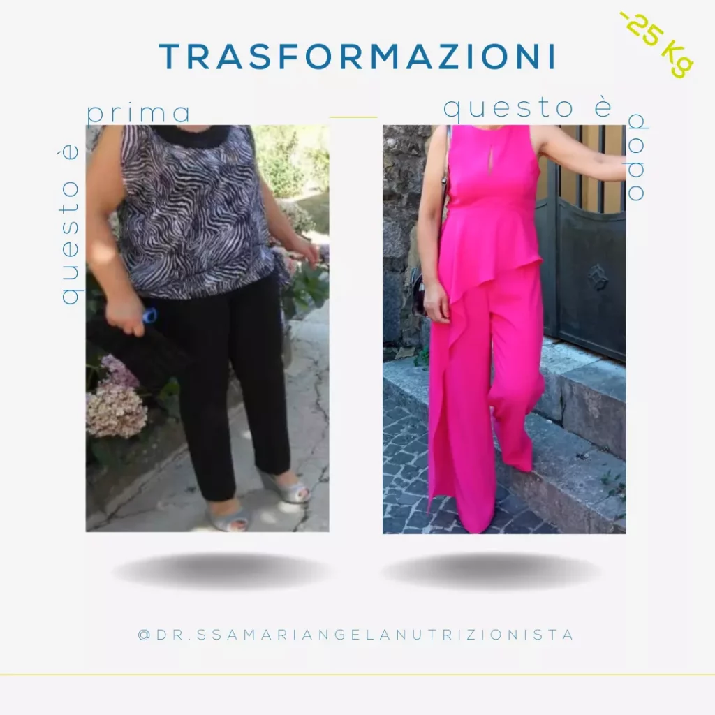 Trasformazione di una paziente che ha perso 25 kg grazie a un percorso nutrizionale personalizzato: il "prima e dopo" racconta una storia di impegno e successo.