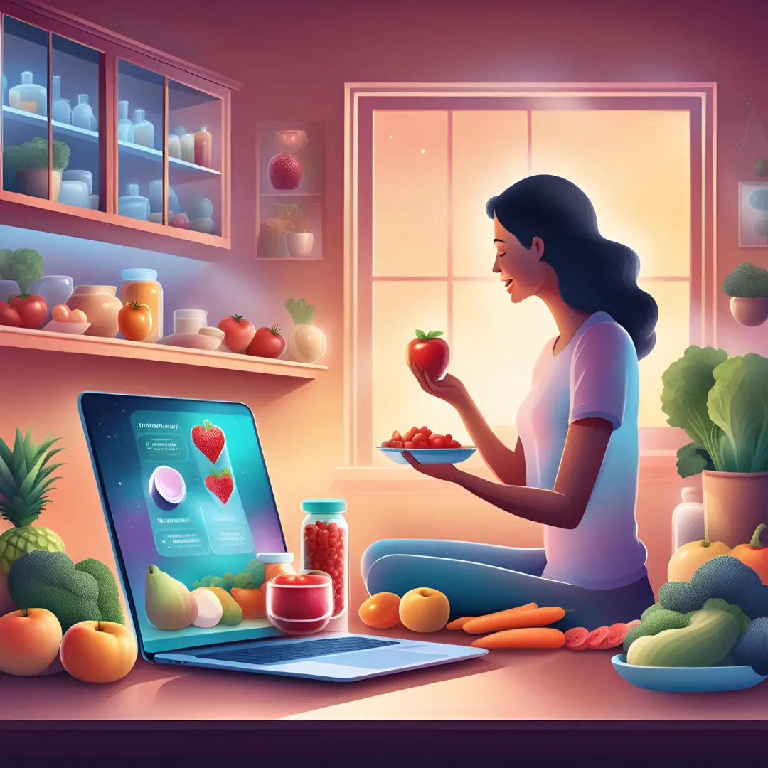 L'immagine raffigura una donna circondata da frutta e verdura, con un computer portatile davanti a sé. La scena rappresenta il "percorso on-line", suggerendo l'idea di seguire un programma di nutrizione e benessere digitale. La donna, immersa in un ambiente sano e naturale, utilizza la tecnologia per migliorare le sue abitudini alimentari e il suo stile di vita.