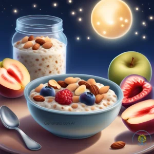 Overnight oats con frutta fresca e noci, presentato in un piatto illuminato dalla luce della luna, ideale per una colazione salutare e bilanciata.