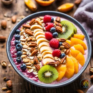 Smoothie bowl con frullato di banana e fragole, guarnita con cereali, semi e frutta fresca, servita in una ciotola su sfondo chiaro.